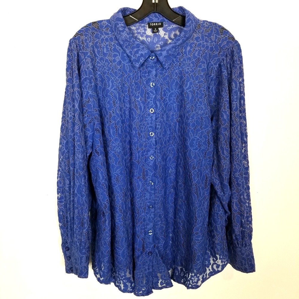 Torrid Madison Lace Button-Up Long Sleeve Shirt Sz 3X Blue Blouse‎ Floral Party